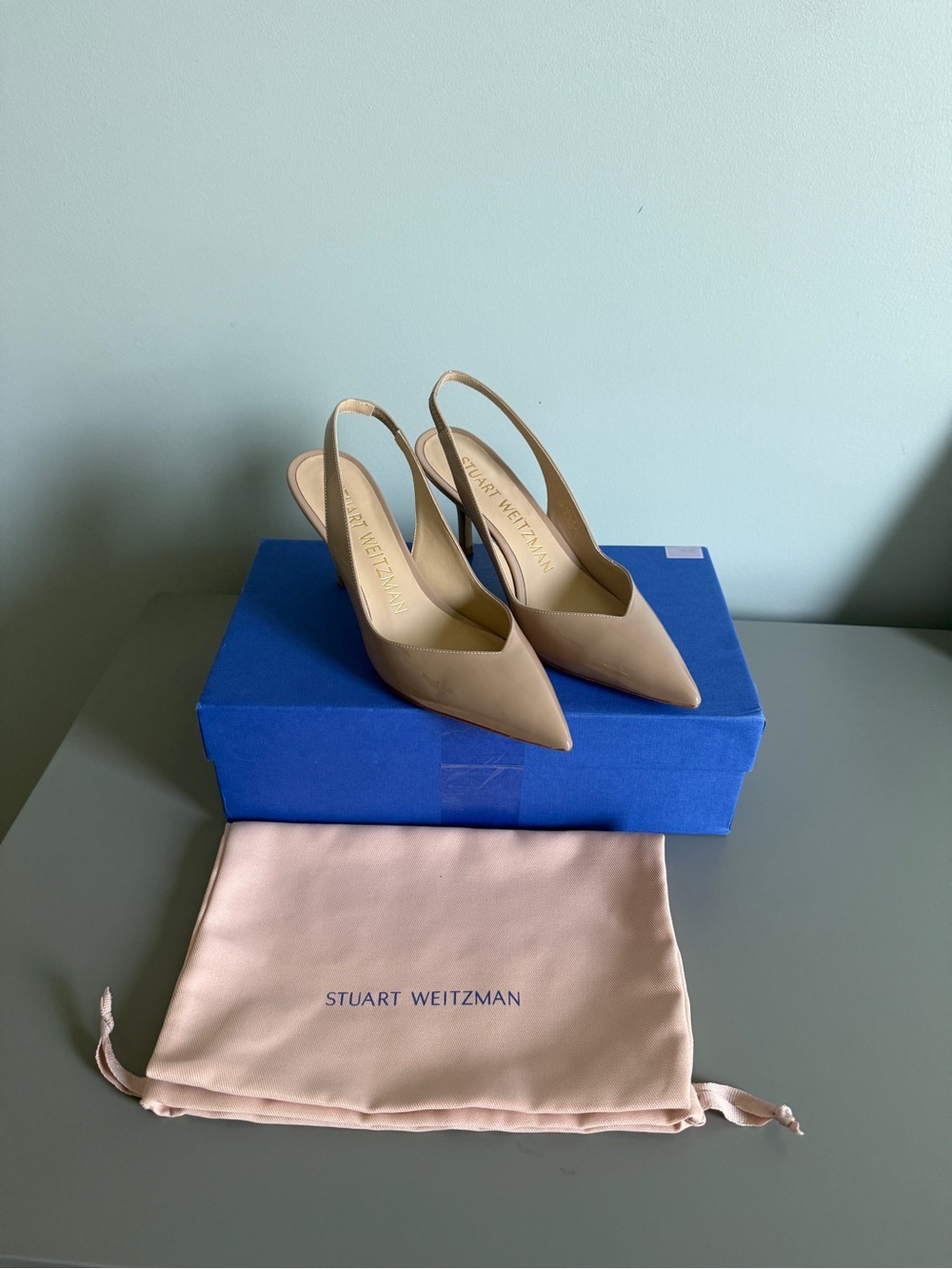 Stuart Weitzman EVA 75 Patent Slingback Pumps Nude Size 6.5 New